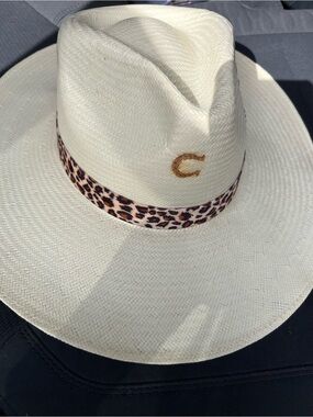 Cream Straw Fedora Hat with Leopard Accent and Embroidered C